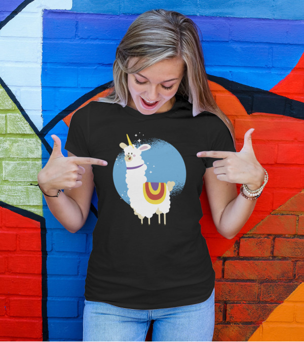 Alpaca Unicorn In Starry Blue Circle With Rainbow Blanket T-Shirt