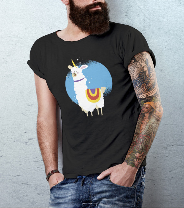 Alpaca Unicorn In Starry Blue Circle With Rainbow Blanket T-Shirt
