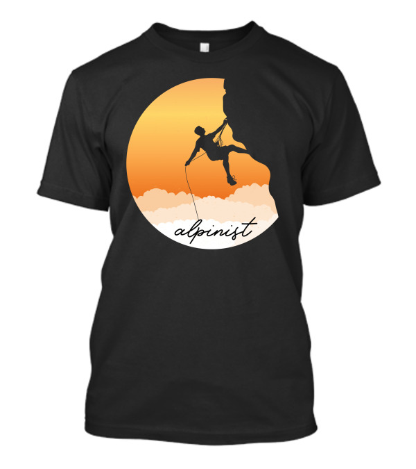 Alpinist Rock Climbing Silhouette At Sunset With Rope And Clouds T-Shirt