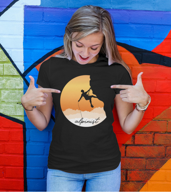 Alpinist Rock Climbing Silhouette At Sunset With Rope And Clouds T-Shirt
