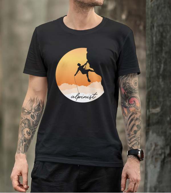 Alpinist Rock Climbing Silhouette At Sunset With Rope And Clouds T-Shirt