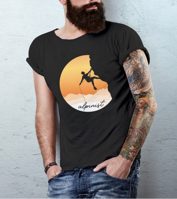 Alpinist Rock Climbing Silhouette At Sunset With Rope And Clouds T-Shirt