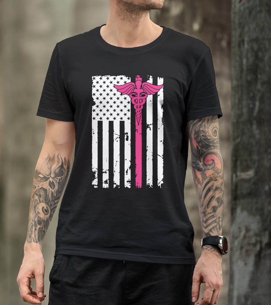 American Flag Caduceus Nurse Symbol In Pink T-Shirt