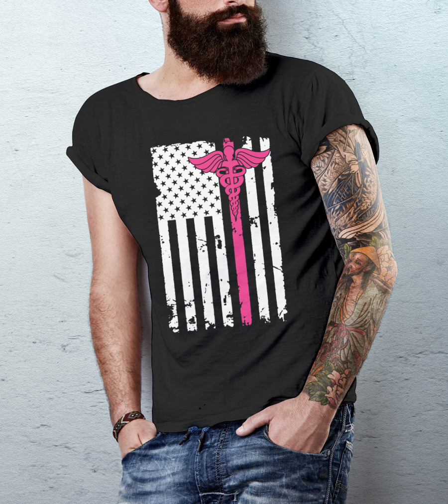 American Flag Caduceus Nurse Symbol In Pink T-Shirt