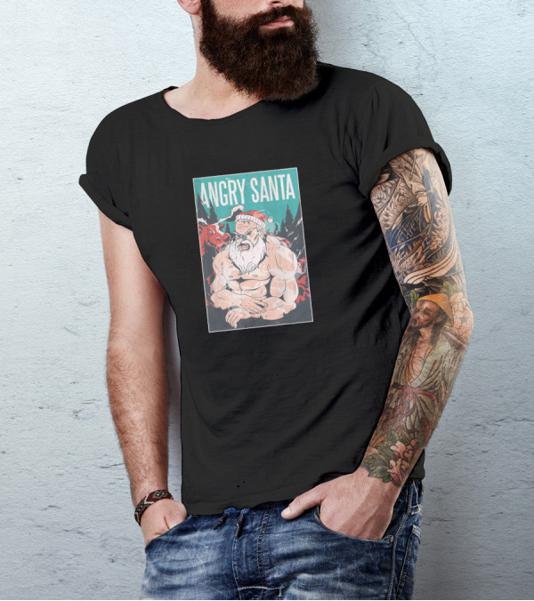 ANGRY SANTA MUSCULAR SANTA CLAUS WITH RED NOSED REINDEER AND PINE TREES T-Shirt