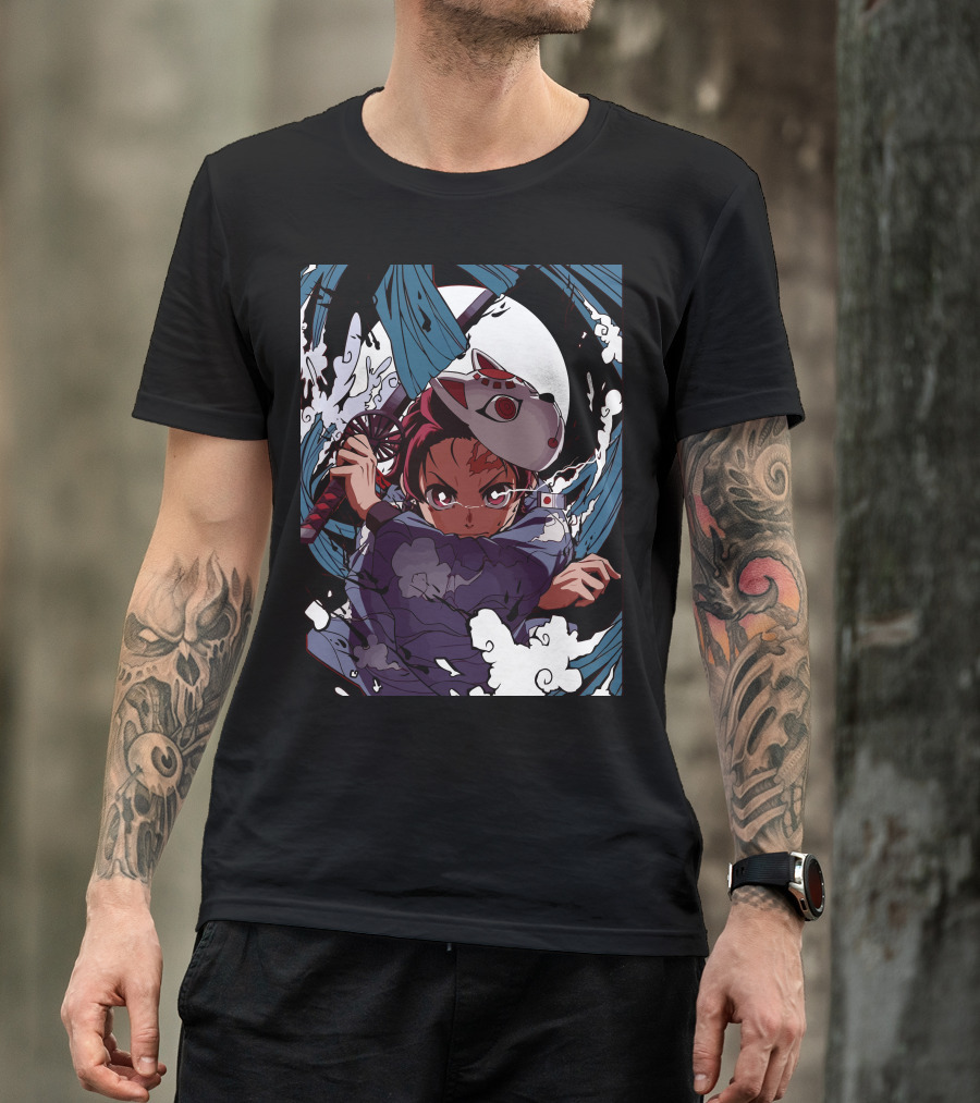 Animedemonslayer Masked Warrior Moonlit Battle Scene T-Shirt