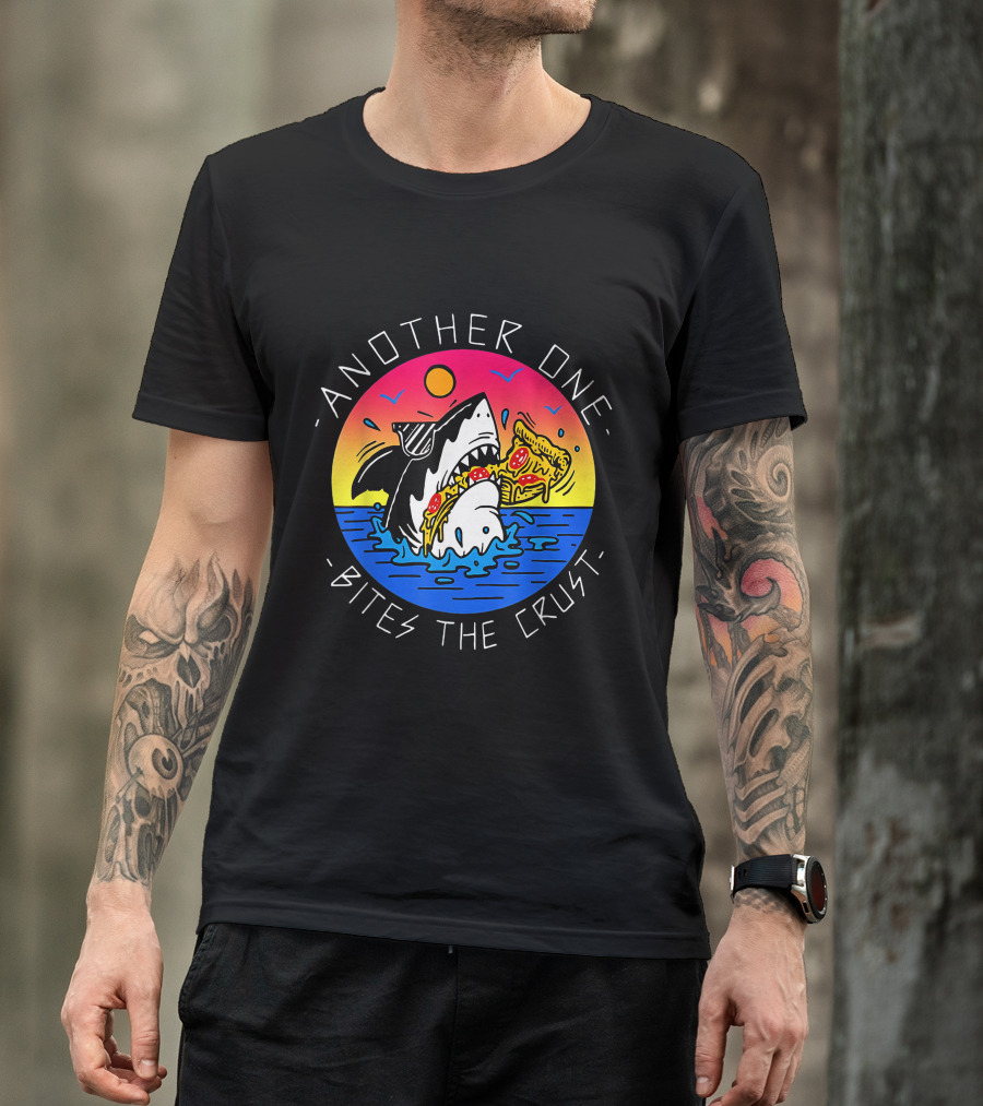 Another One Bites The Crust Shark Eating Pizza In Ocean Sunset T-Shirt