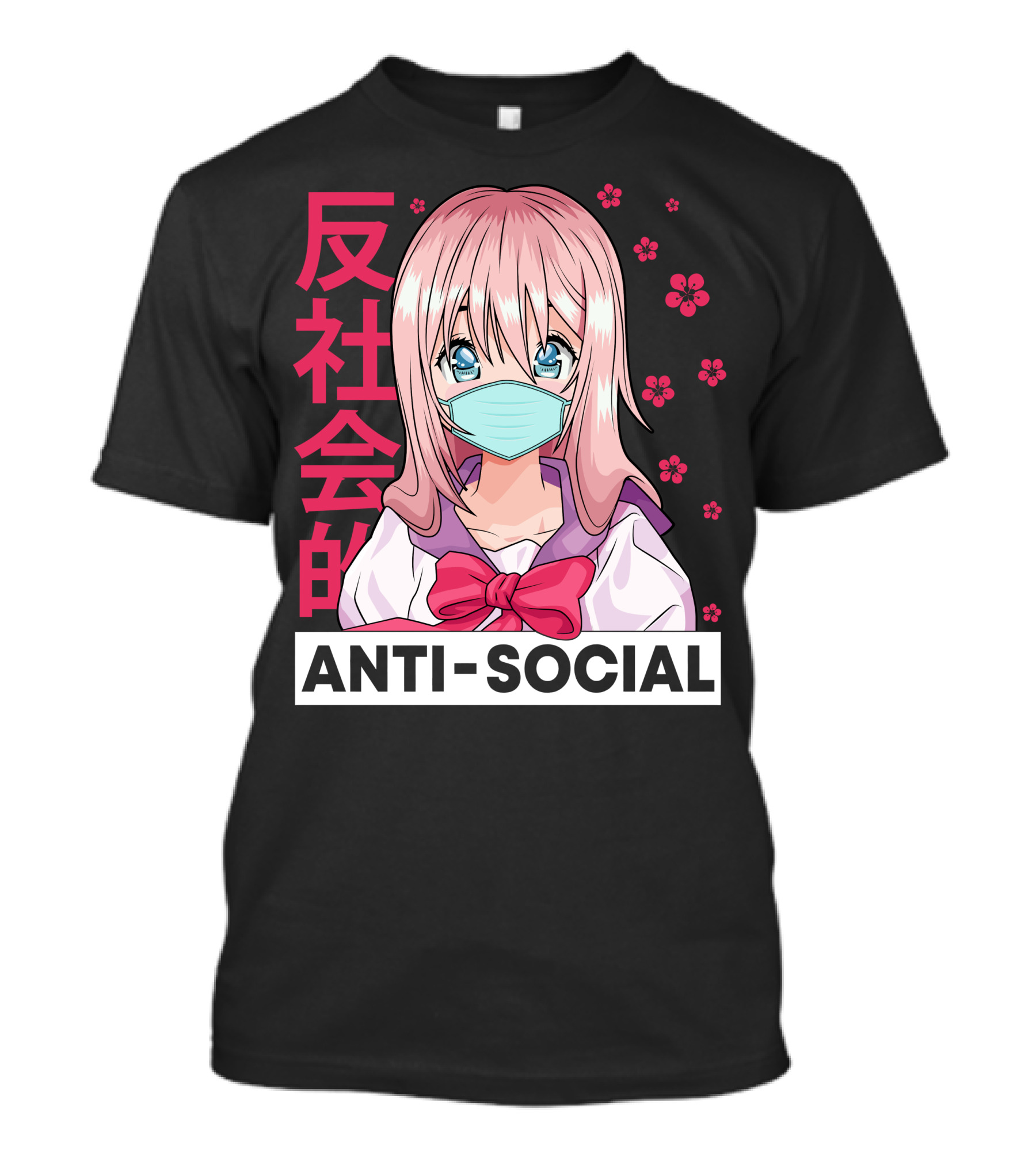 Anti Social Masked Anime Girl With Pink Hair And Japanese Text T-Shirt