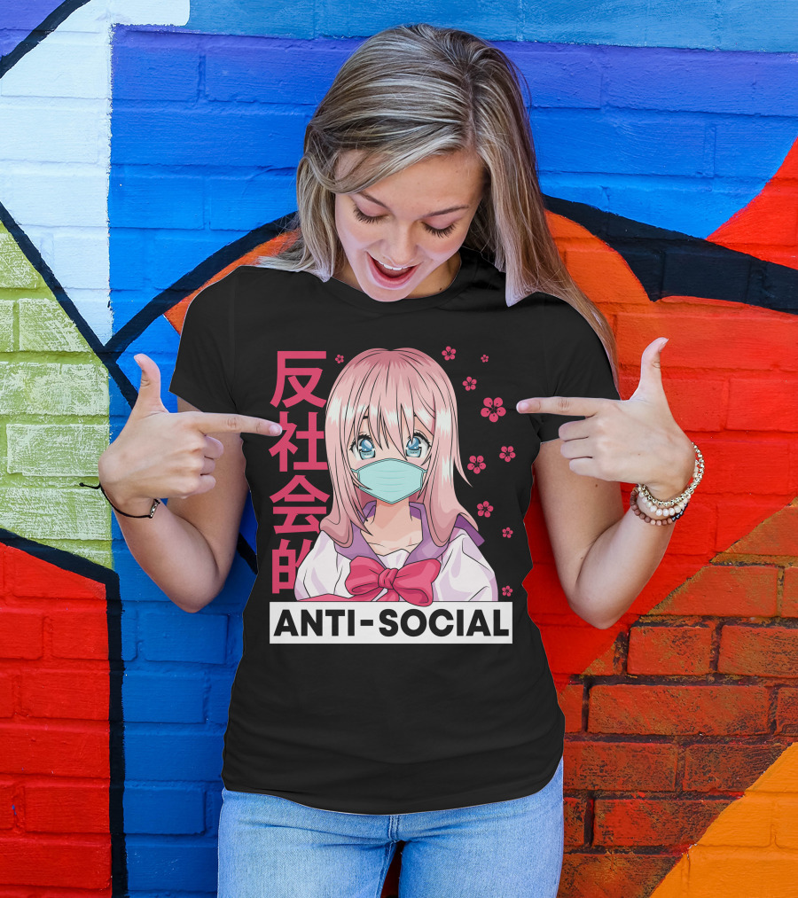 Anti Social Masked Anime Girl With Pink Hair And Japanese Text T-Shirt