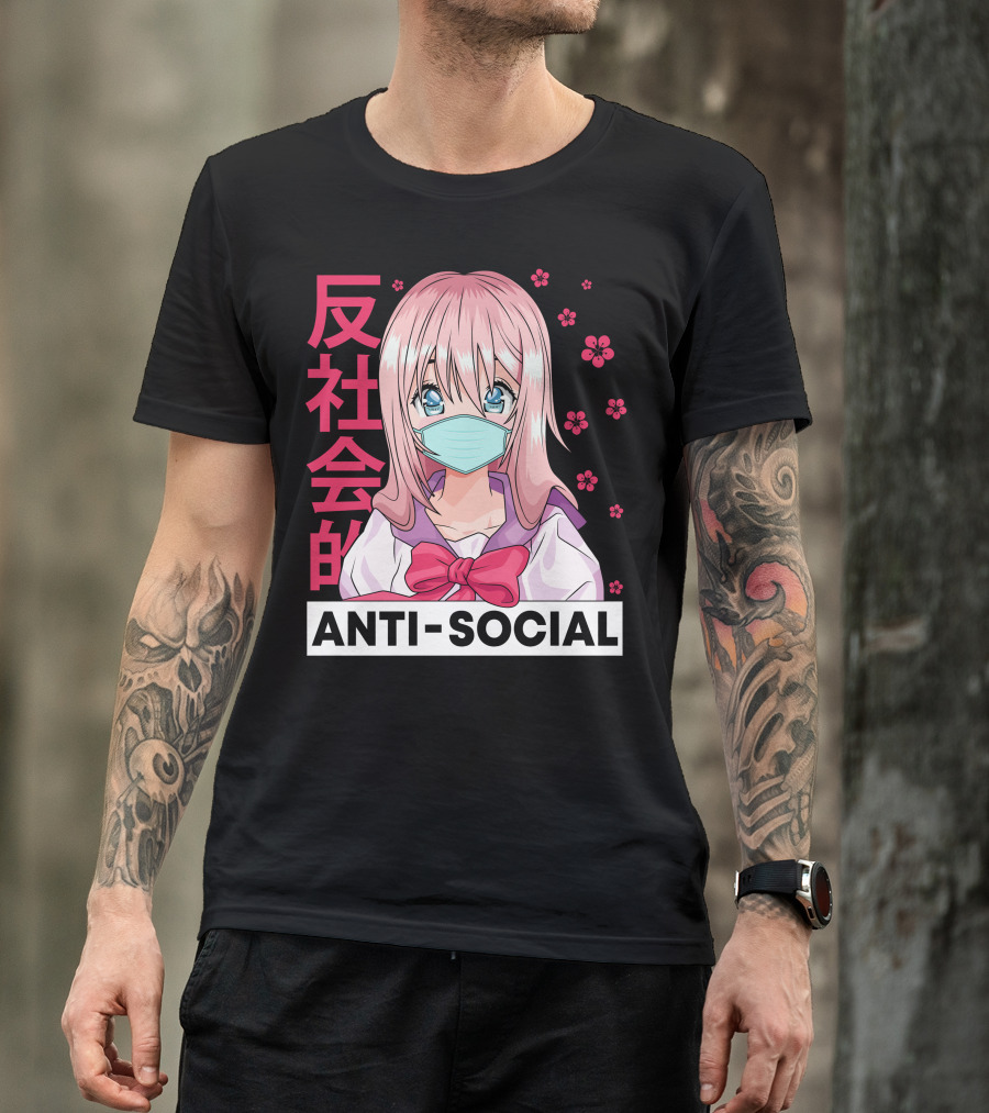 Anti Social Masked Anime Girl With Pink Hair And Japanese Text T-Shirt