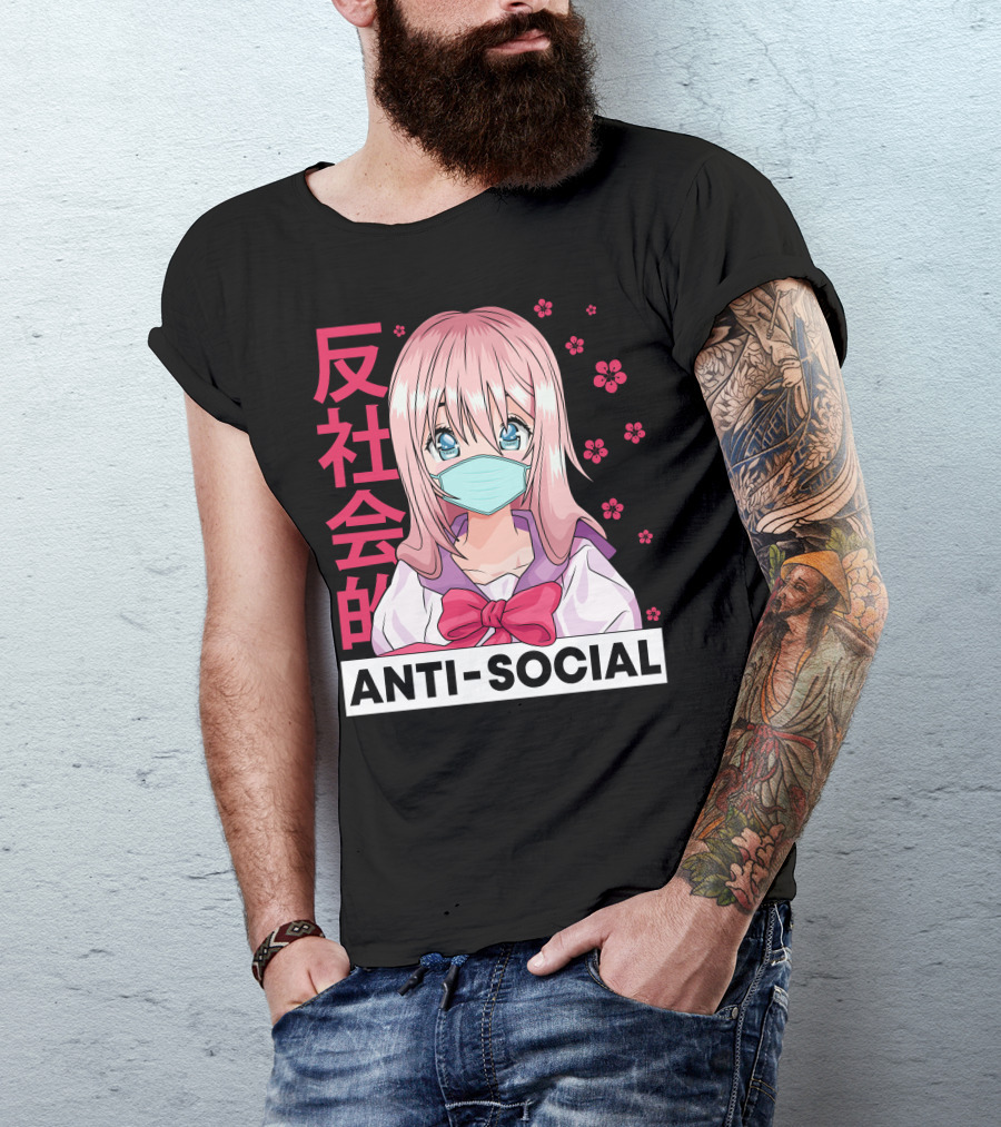 Anti Social Masked Anime Girl With Pink Hair And Japanese Text T-Shirt