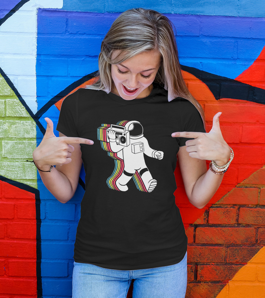 Apollo Funkalicious Astronaut Holding Boombox With Retro Stripes T-Shirt
