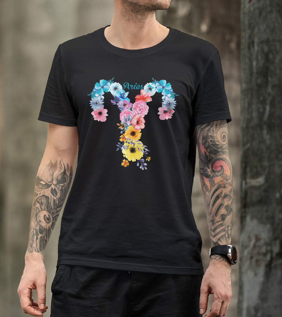 Aries Symbol Floral Design With Colorful Flowers T-Shirt