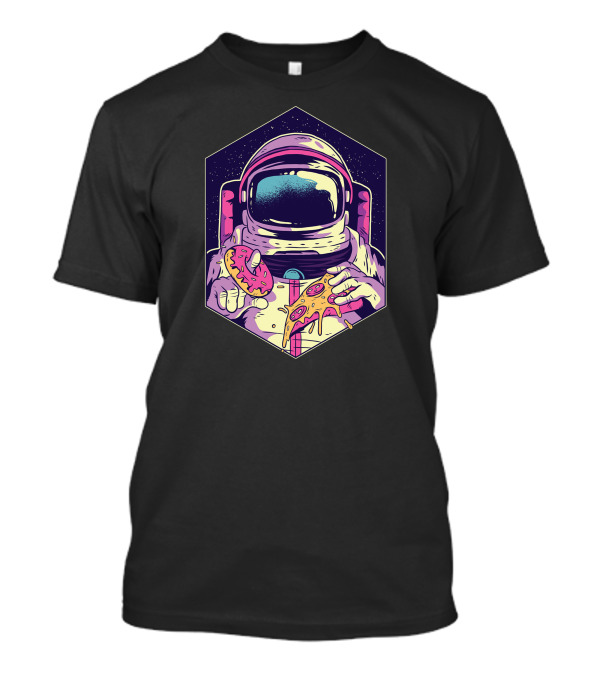 Astronaut Enjoying Donut And Pizza In Space Scene T-Shirt