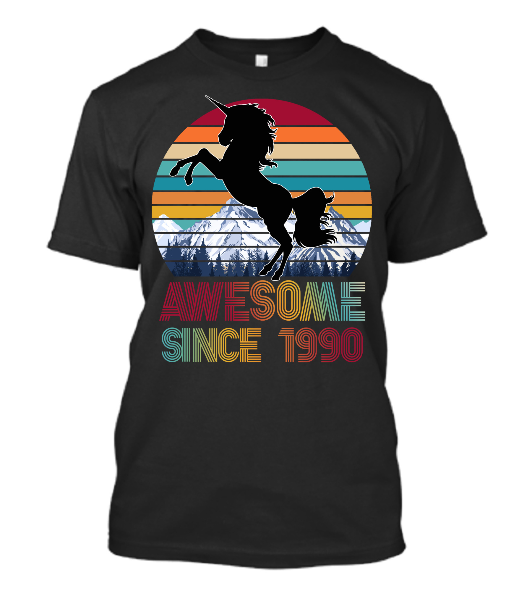 Awesome Since 1990 Unicorn Mountain Retro Rainbow Stripes T-Shirt