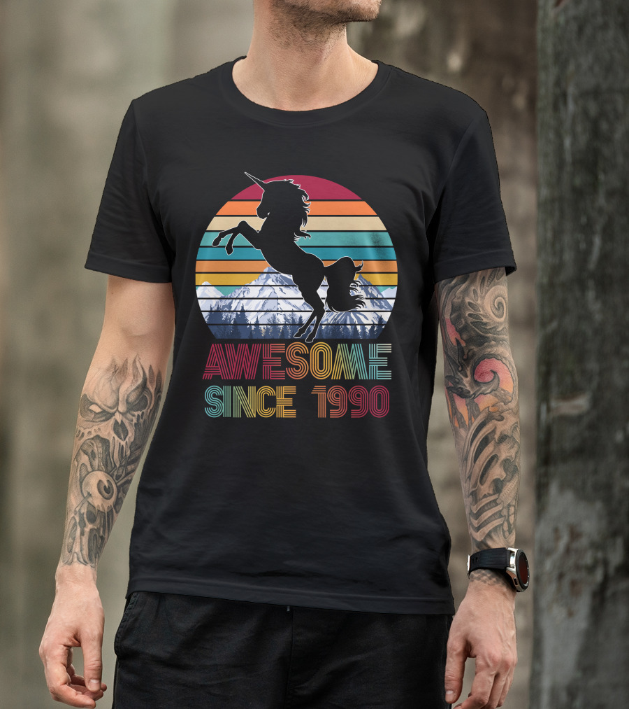 Awesome Since 1990 Unicorn Mountain Retro Rainbow Stripes T-Shirt