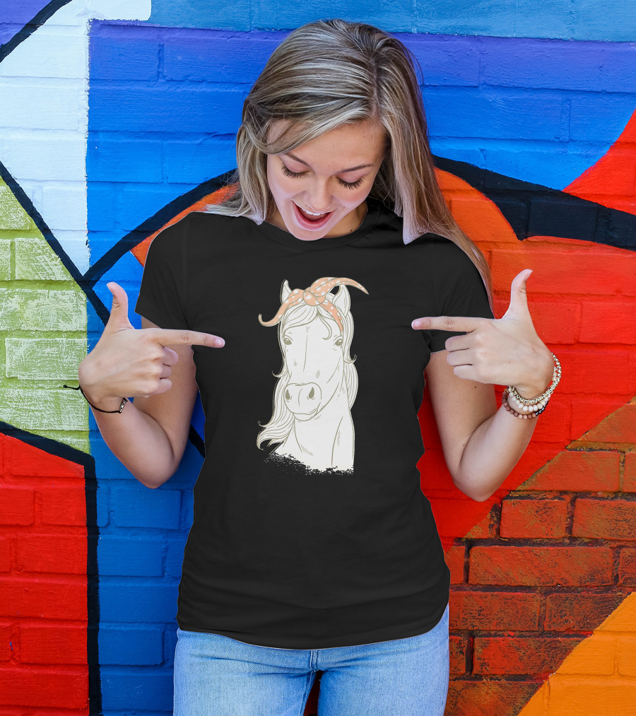 Bandana-Wearing Horse Sketch With Polka Dot Headband T-Shirt