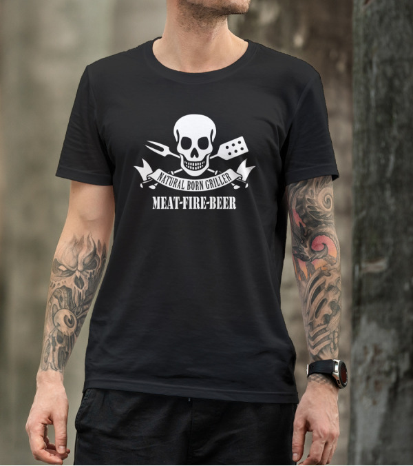 Natural Born Griller Meat Fire Beer Skull BBQ T-Shirt