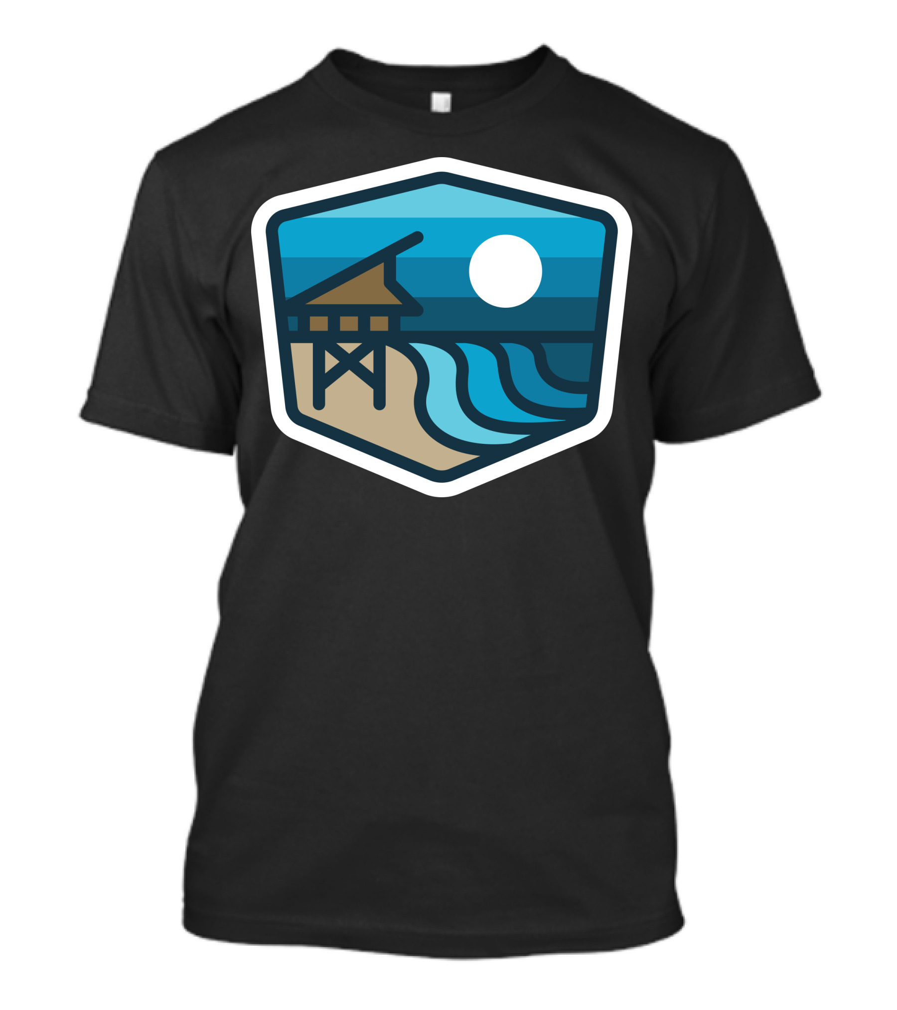 Lifeguard Tower Beach Waves Sunset Badge T-Shirt