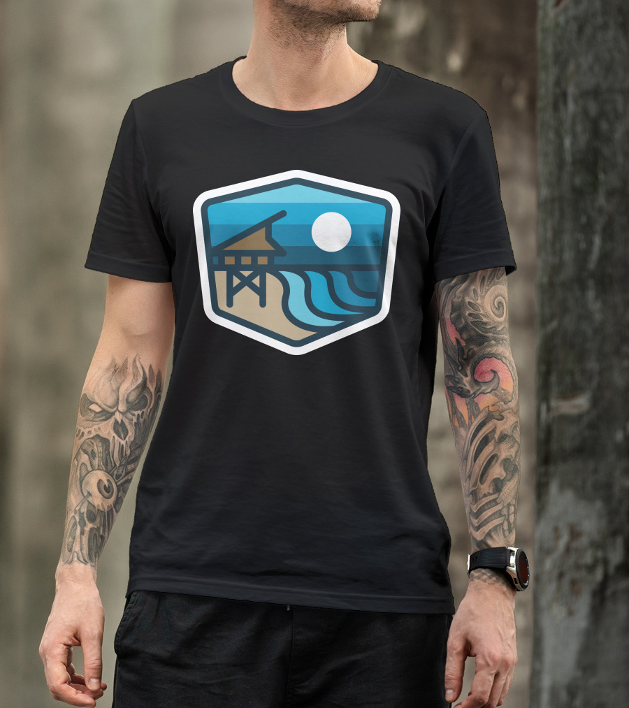 Lifeguard Tower Beach Waves Sunset Badge T-Shirt