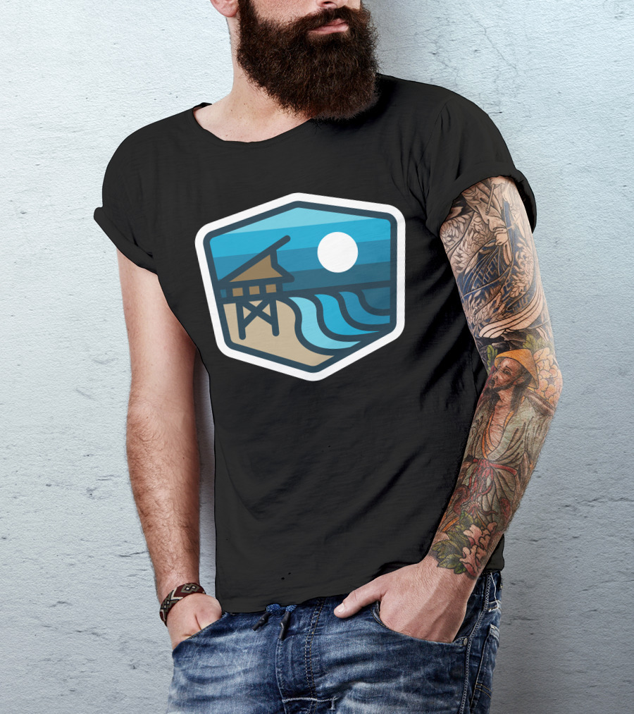 Lifeguard Tower Beach Waves Sunset Badge T-Shirt
