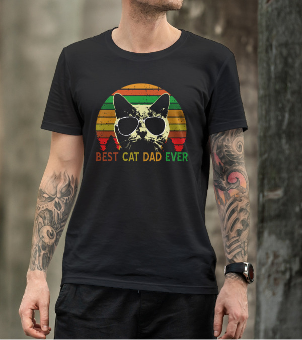 Best Cat Dad Ever Vintage Sunglasses Cat Retro Stripes T-Shirt