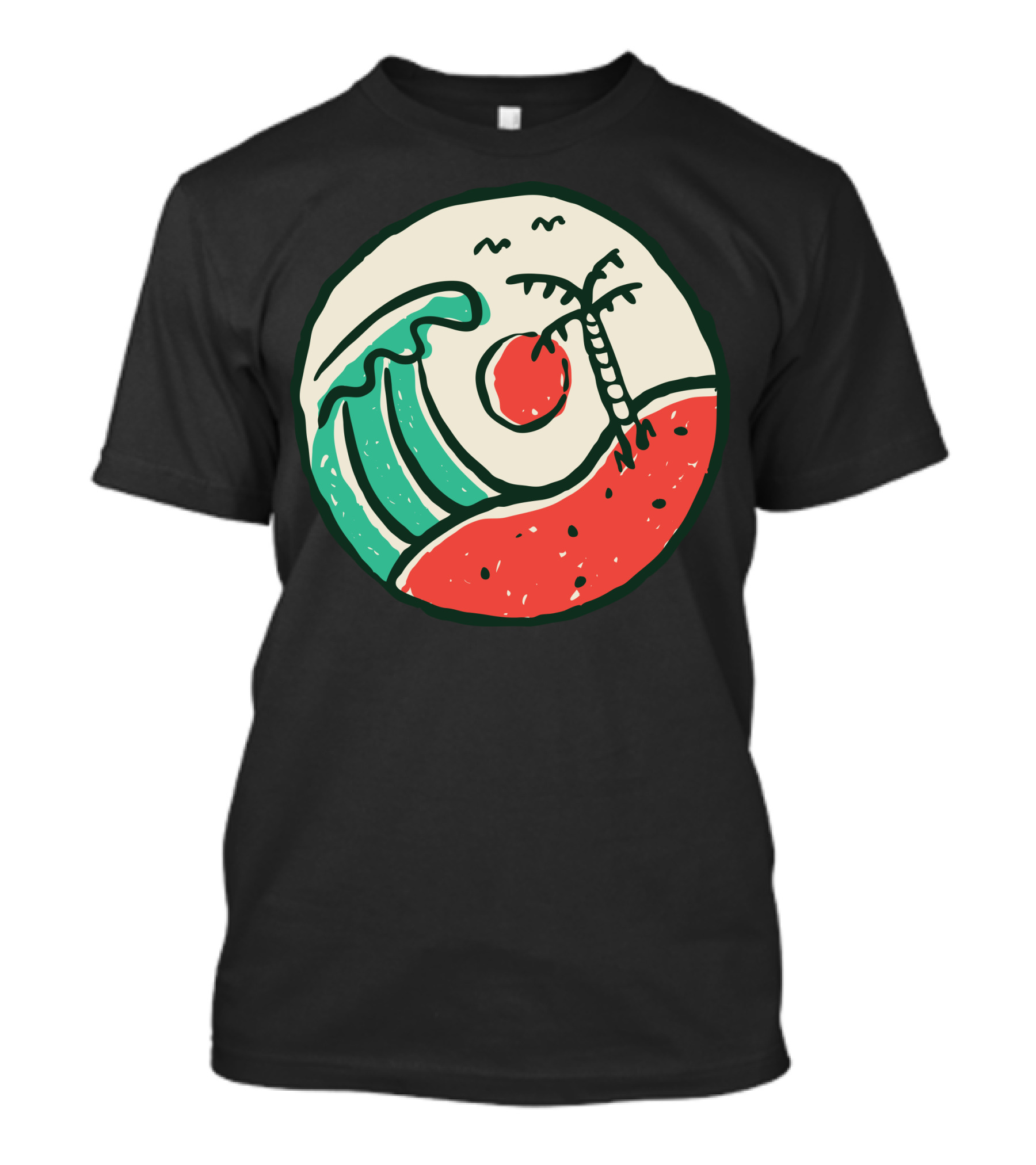 Big Wave Tropical Sunset With Palm Tree And Birds T-Shirt