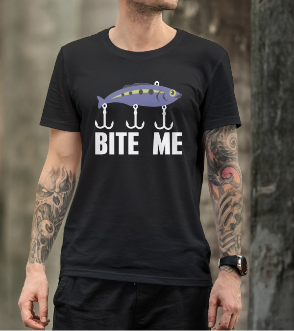 Bite Me Funny Humor Geek Fish With Fishing Hooks T-Shirt