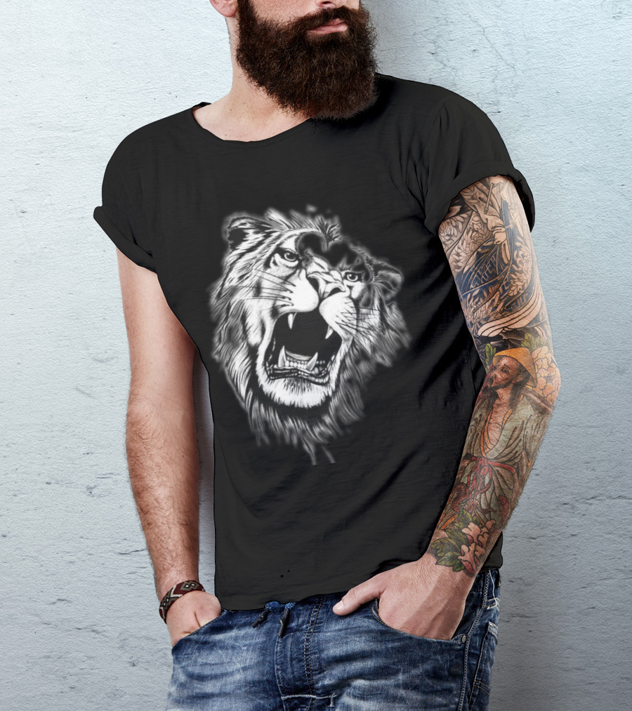 Black And White Roaring Lion Tattoo Fierce Expression T-Shirt
