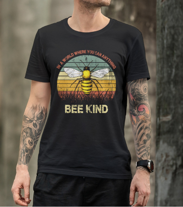 In A World Where You Can Anything Bee Kind Retro Bee Vintage Sunset T-Shirt