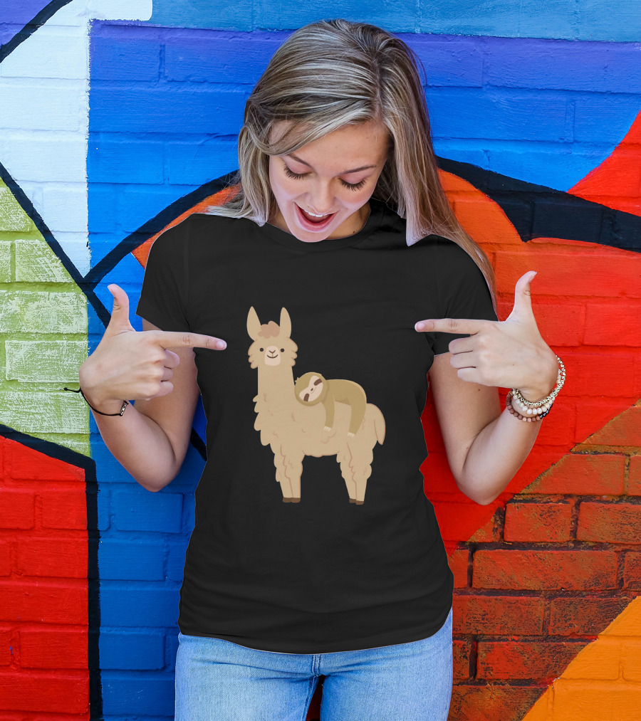 Adorable Sloth Relaxing On Cute Llama T-Shirt