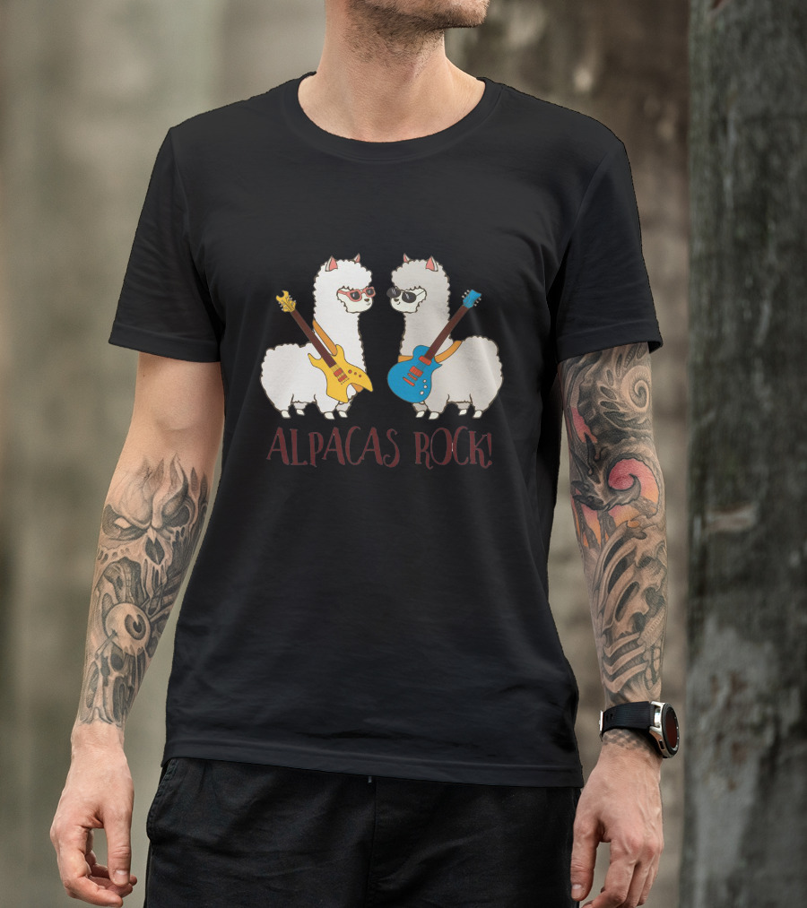 Alpacas Rock Cute Funny Alpaca With Guitars T-Shirt