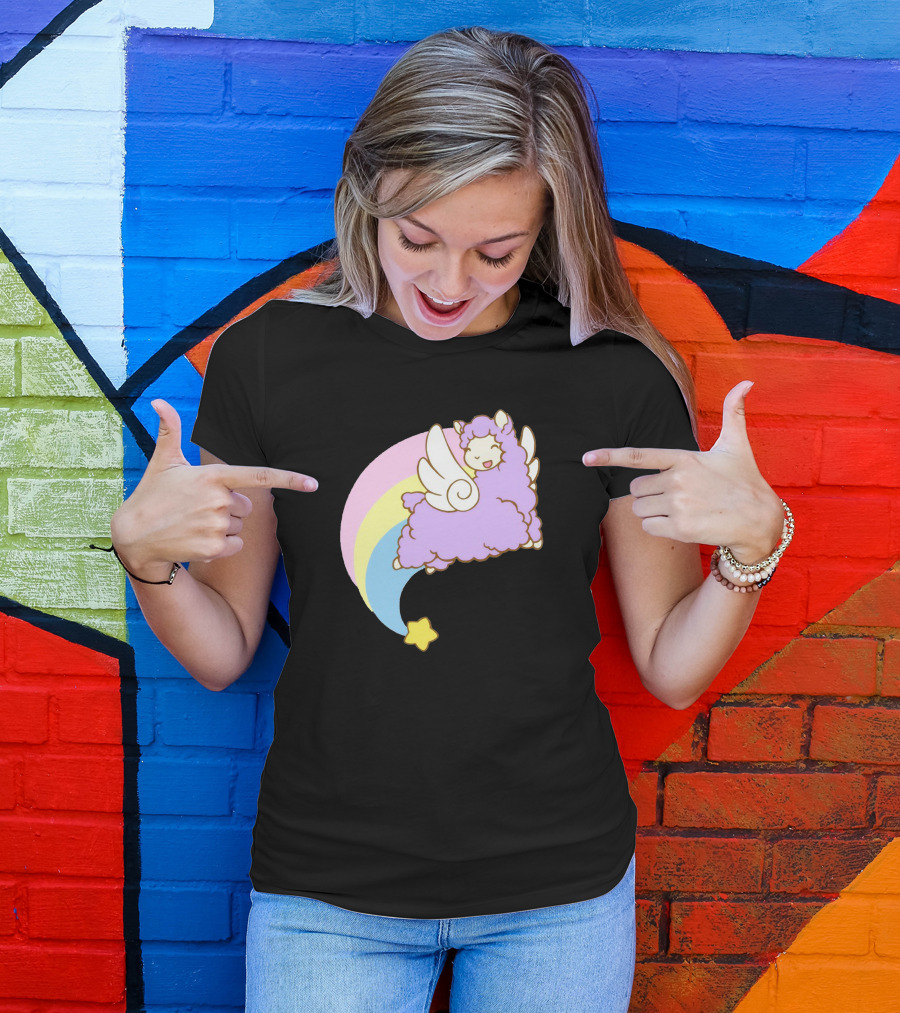 Alpacasus Flying Celestial Pastel Llama With Star And Rainbow Wings T-Shirt