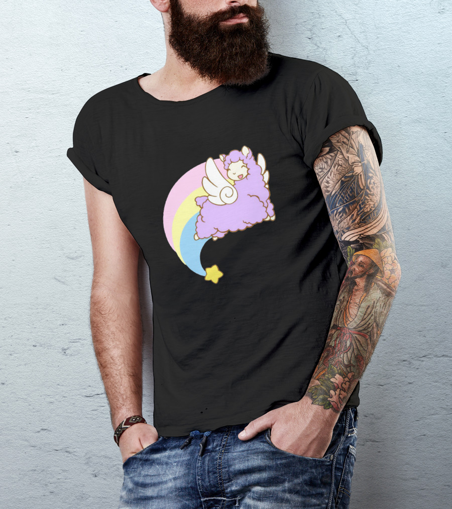 Alpacasus Flying Celestial Pastel Llama With Star And Rainbow Wings T-Shirt
