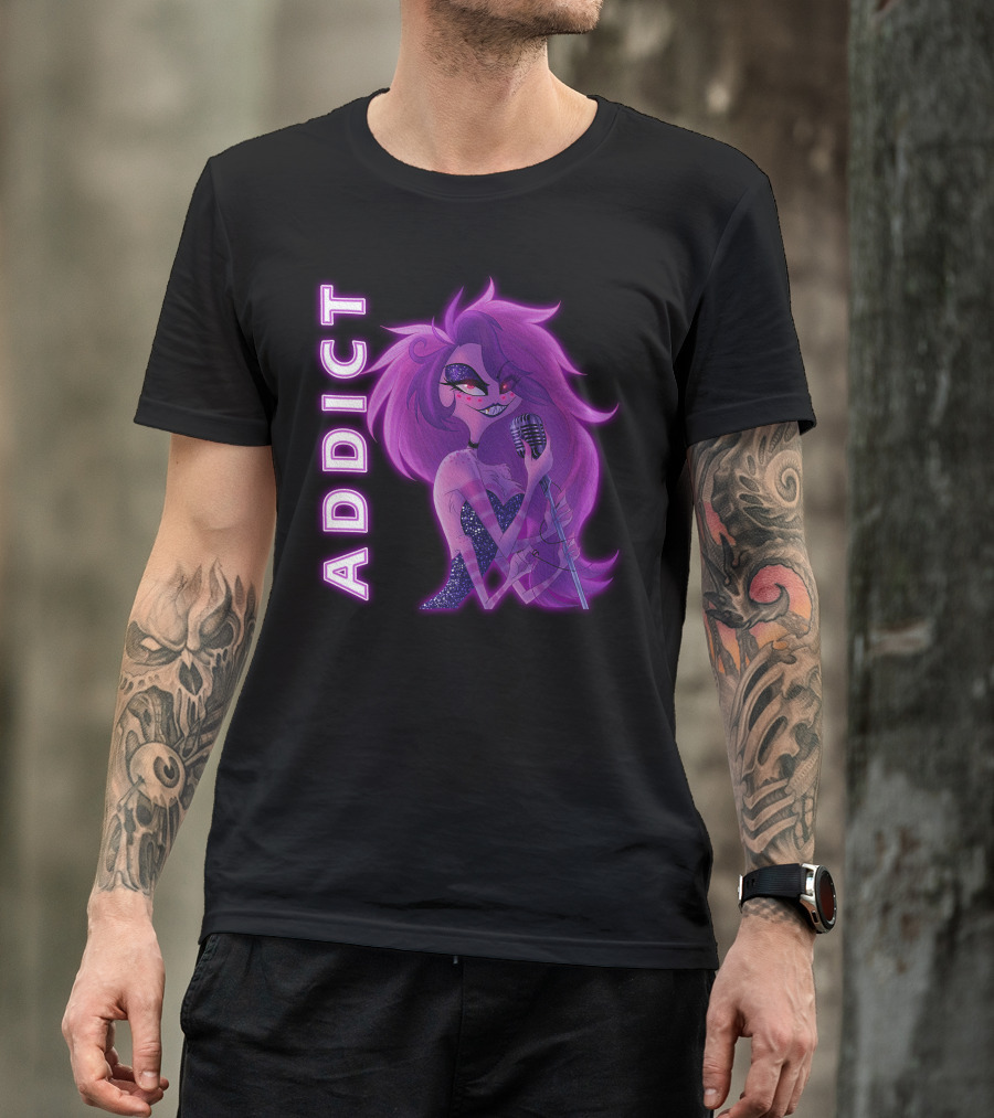 Angel Dust Addict Hazbin Hotel Character Microphone Glamorous Purple T-Shirt