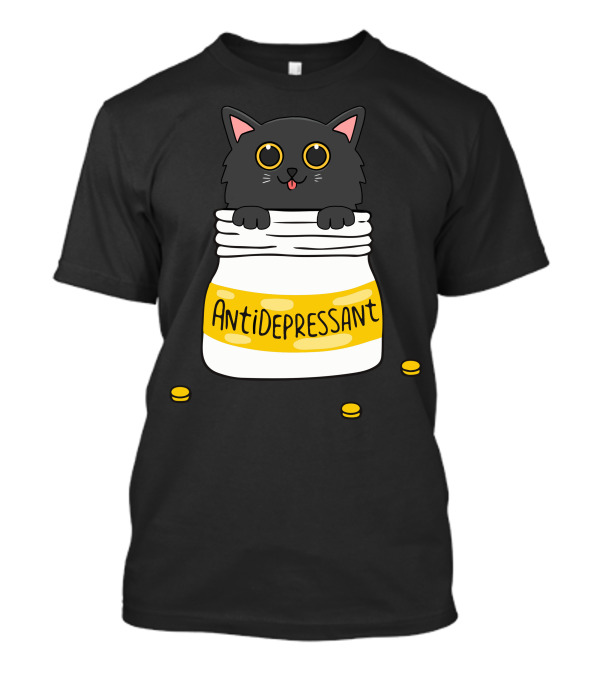 Antidepressant Cat In Pill Bottle With Big Eyes And Coins T-Shirt