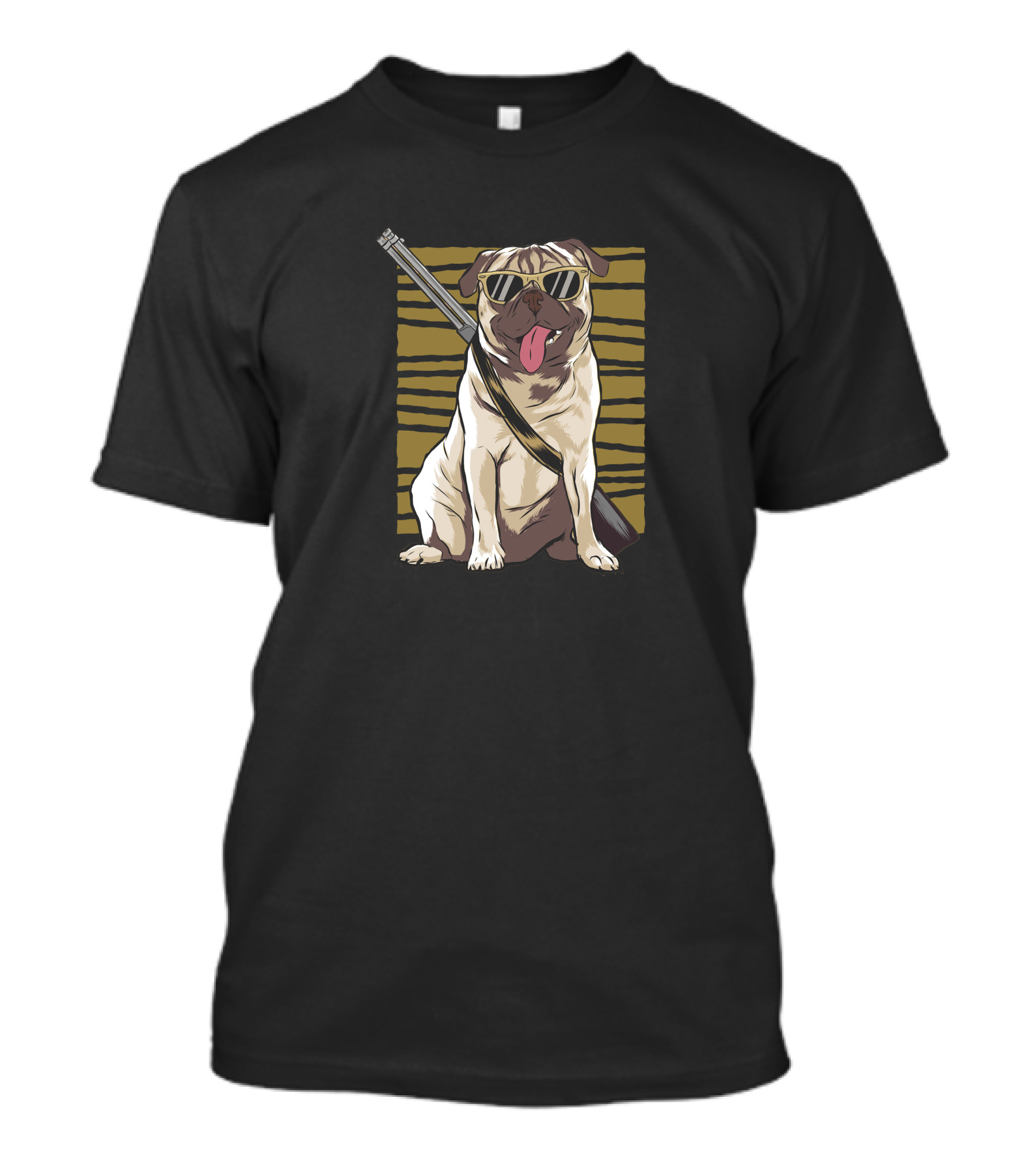 Armed Pug With Sunglasses And Rifle Against Stripe Background T-Shirt