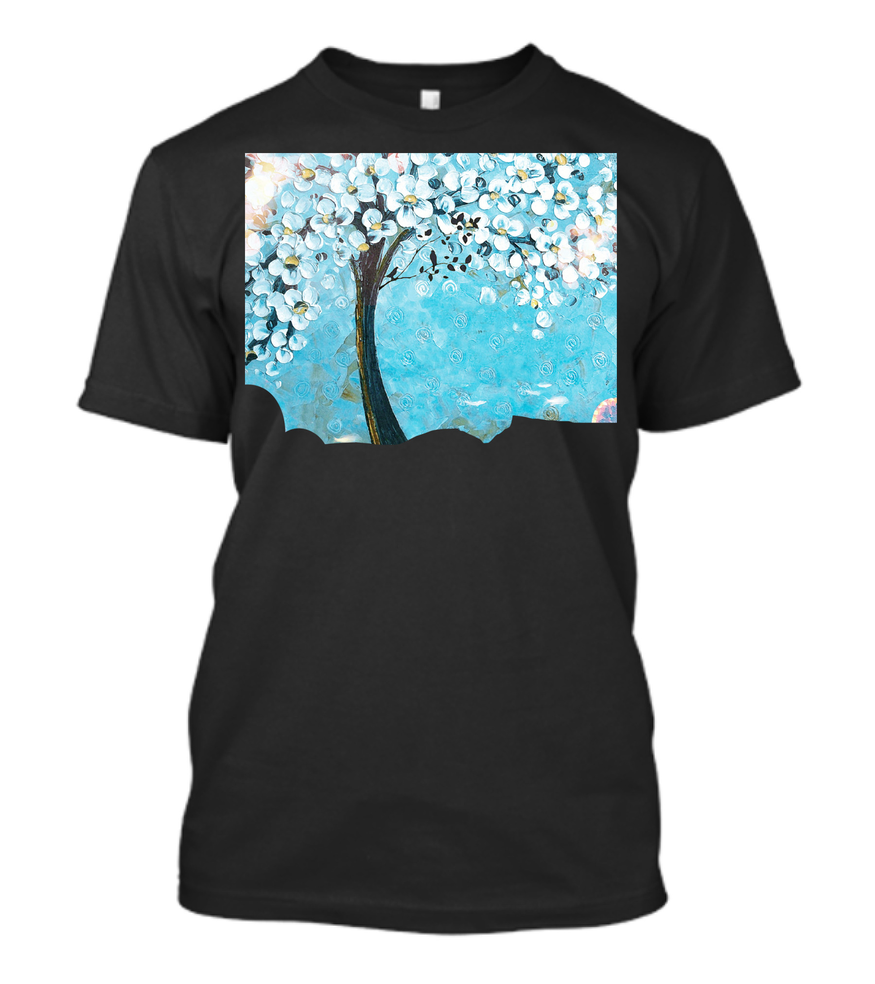 White Blossoms On Turquoise Abstract Tree T-Shirt