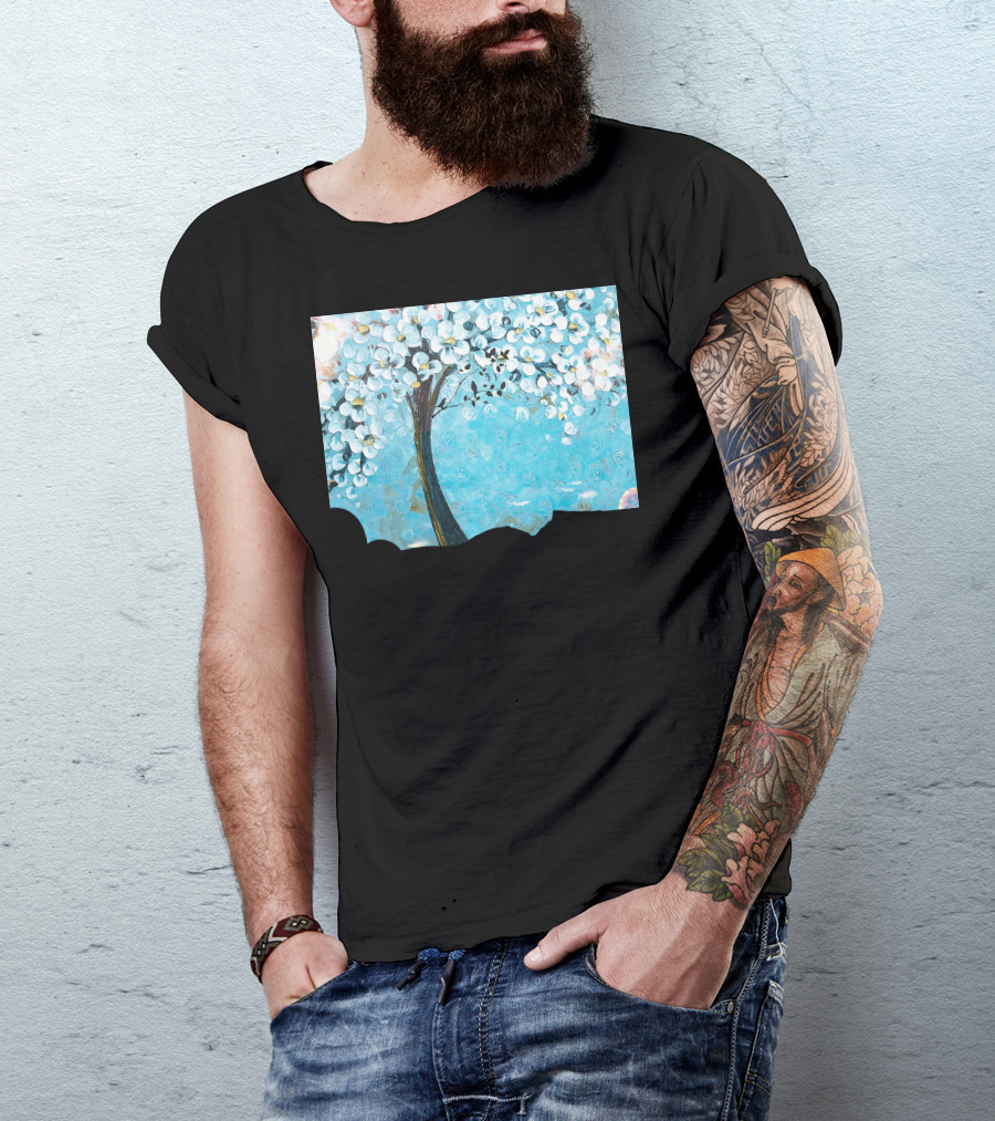 White Blossoms On Turquoise Abstract Tree T-Shirt
