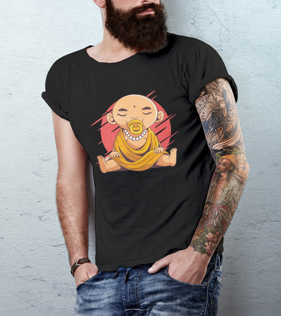 Baby Buddha Pacifier Meditation In Golden Robe With Red Circle Background T-Shirt