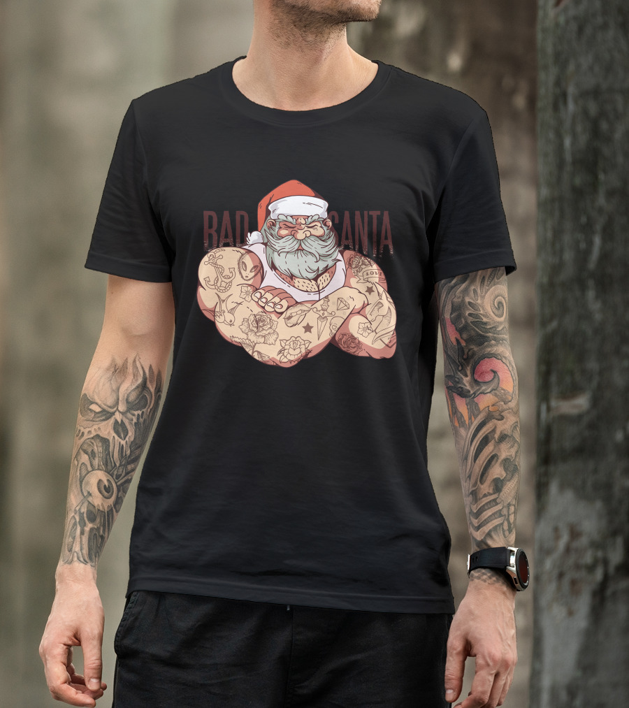 Bad Tattoo Santa Muscular Christmas Inked Holiday T-Shirt