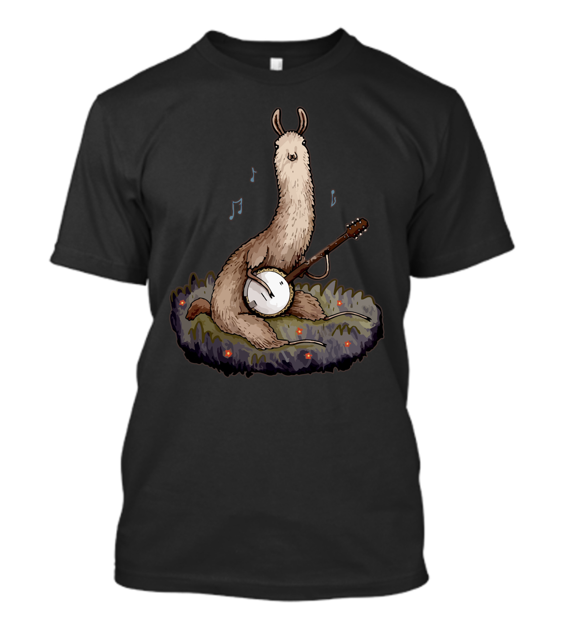 Banjo Llama Playing Music On A Grassy Patch With Notes T-Shirt