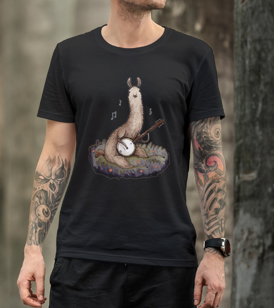 Banjo Llama Playing Music On A Grassy Patch With Notes T-Shirt
