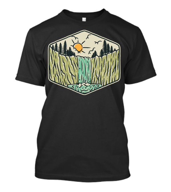 Beauty Waterfall Sun And Forest Scene In Hexagon Frame T-Shirt
