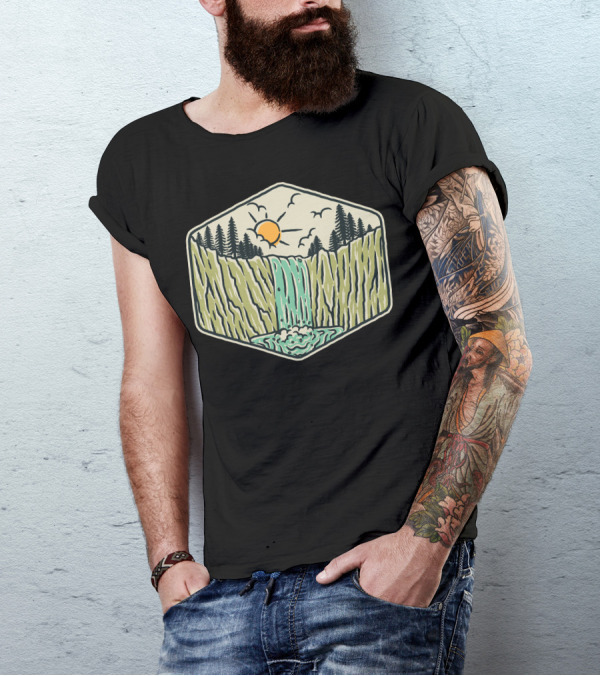 Beauty Waterfall Sun And Forest Scene In Hexagon Frame T-Shirt