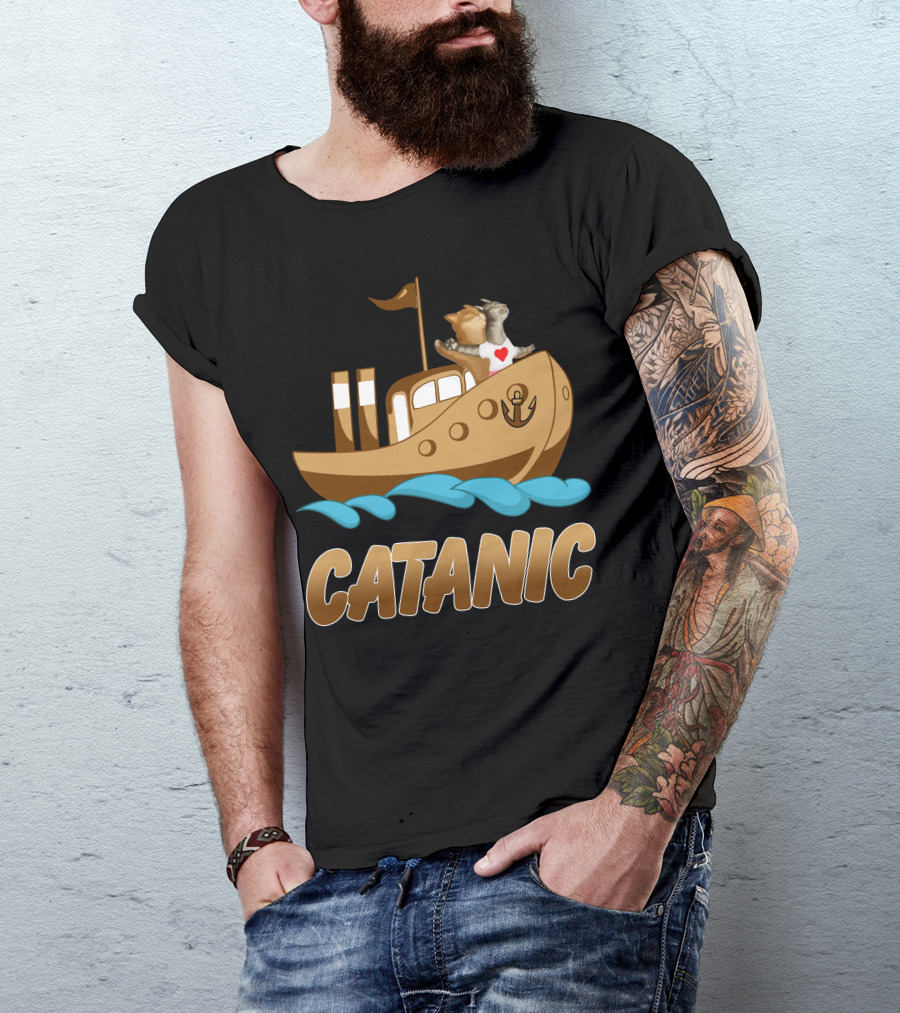 Catanic Cats On Ship With Heart And Anchor T-Shirt