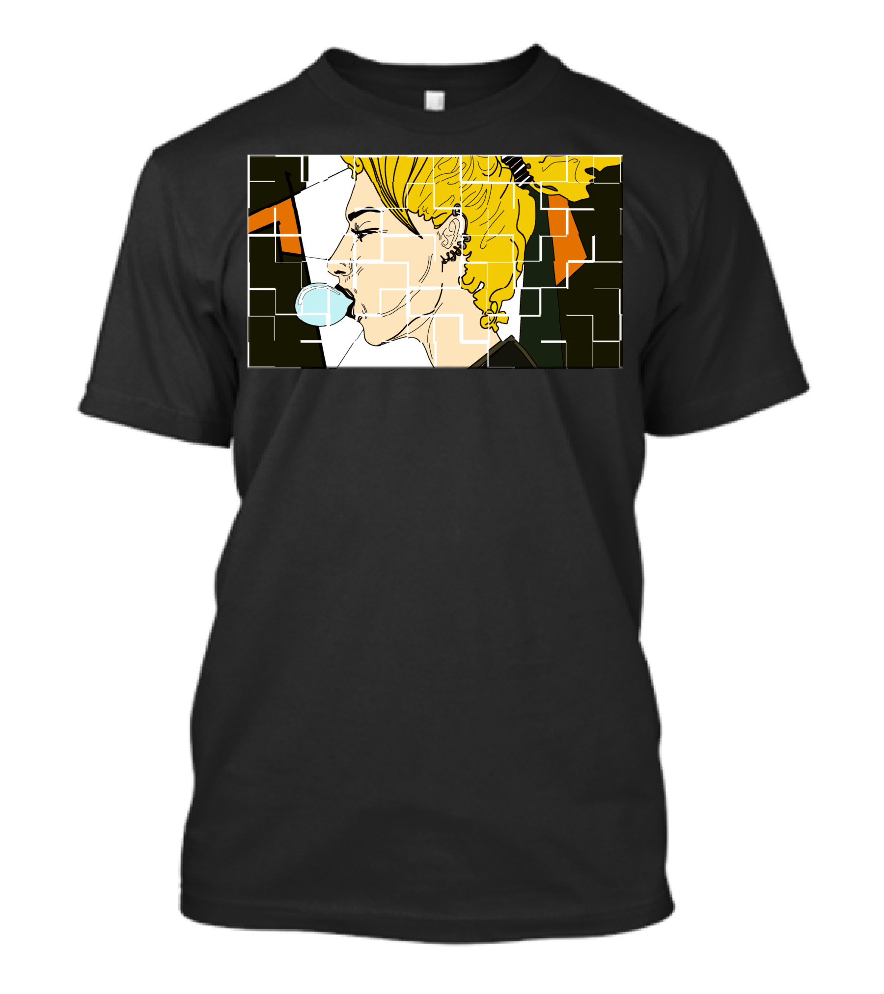 Checkered Bubble Gum Pop Art Girl With Blowing Bubble And Yellow Hair In Profile T-Shirt