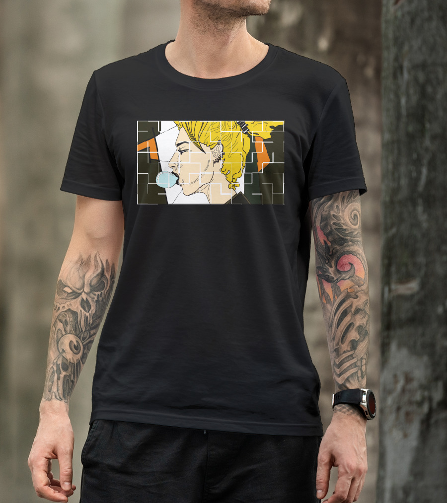 Checkered Bubble Gum Pop Art Girl With Blowing Bubble And Yellow Hair In Profile T-Shirt