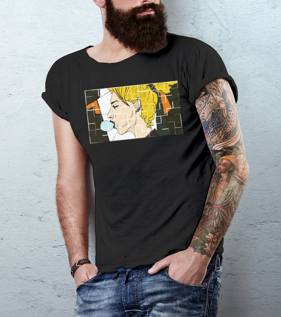 Checkered Bubble Gum Pop Art Girl With Blowing Bubble And Yellow Hair In Profile T-Shirt