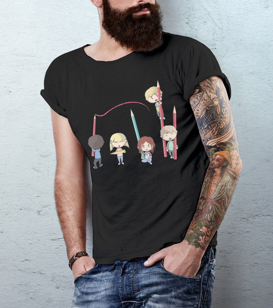 Children Holding Giant Colored Pencils Playfully Drawing Line T-Shirt